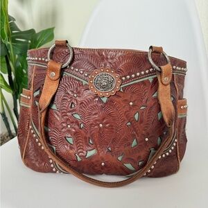 American West Women’s Lady Lace Leather Tooled Tote Brown & Green Handbag